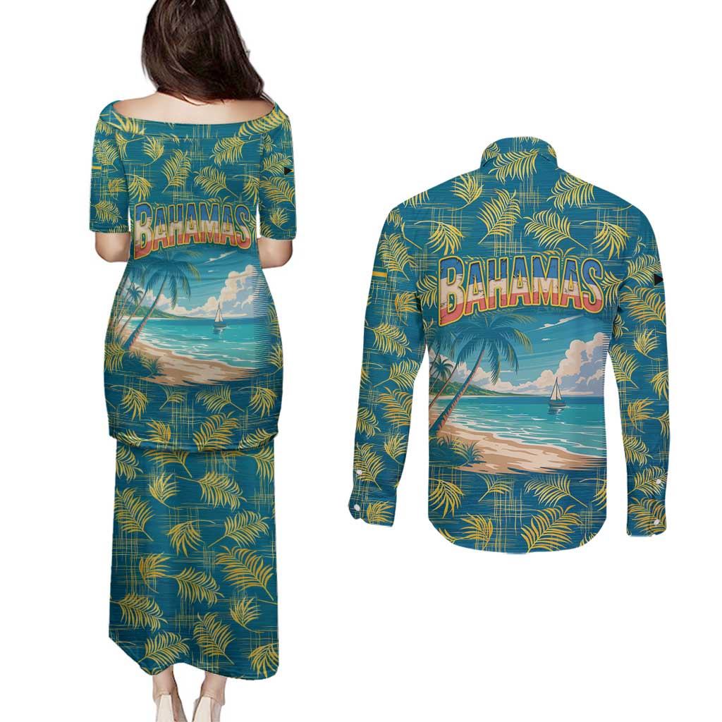 Bahamas Couples Matching Puletasi and Long Sleeve Button Shirt with Tropical Beach Sunset Palm Tree Ocean Spirit