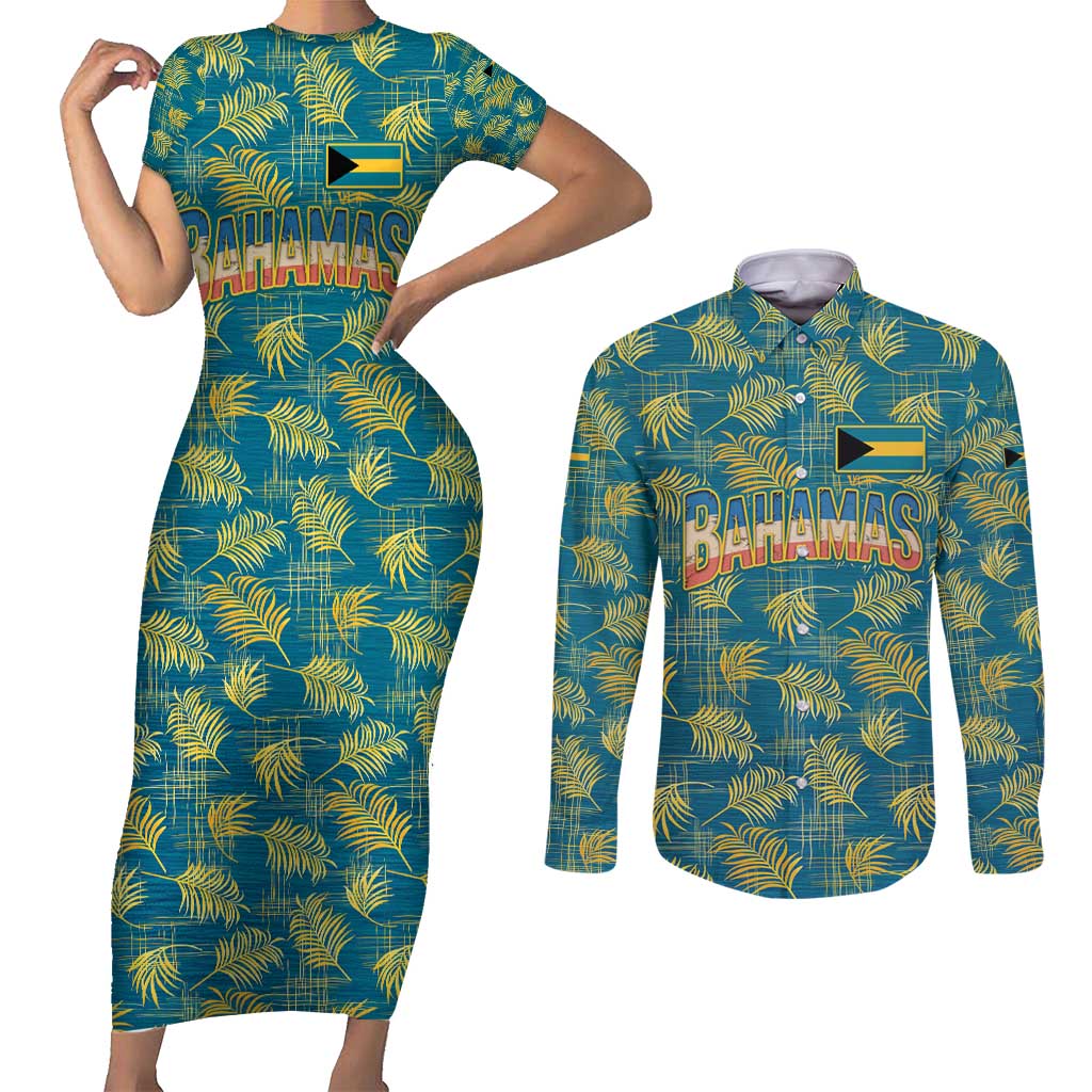 Bahamas Couples Matching Short Sleeve Bodycon Dress and Long Sleeve Button Shirt with Tropical Beach Sunset Palm Tree Ocean Spirit