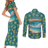 Bahamas Couples Matching Short Sleeve Bodycon Dress and Long Sleeve Button Shirt with Tropical Beach Sunset Palm Tree Ocean Spirit
