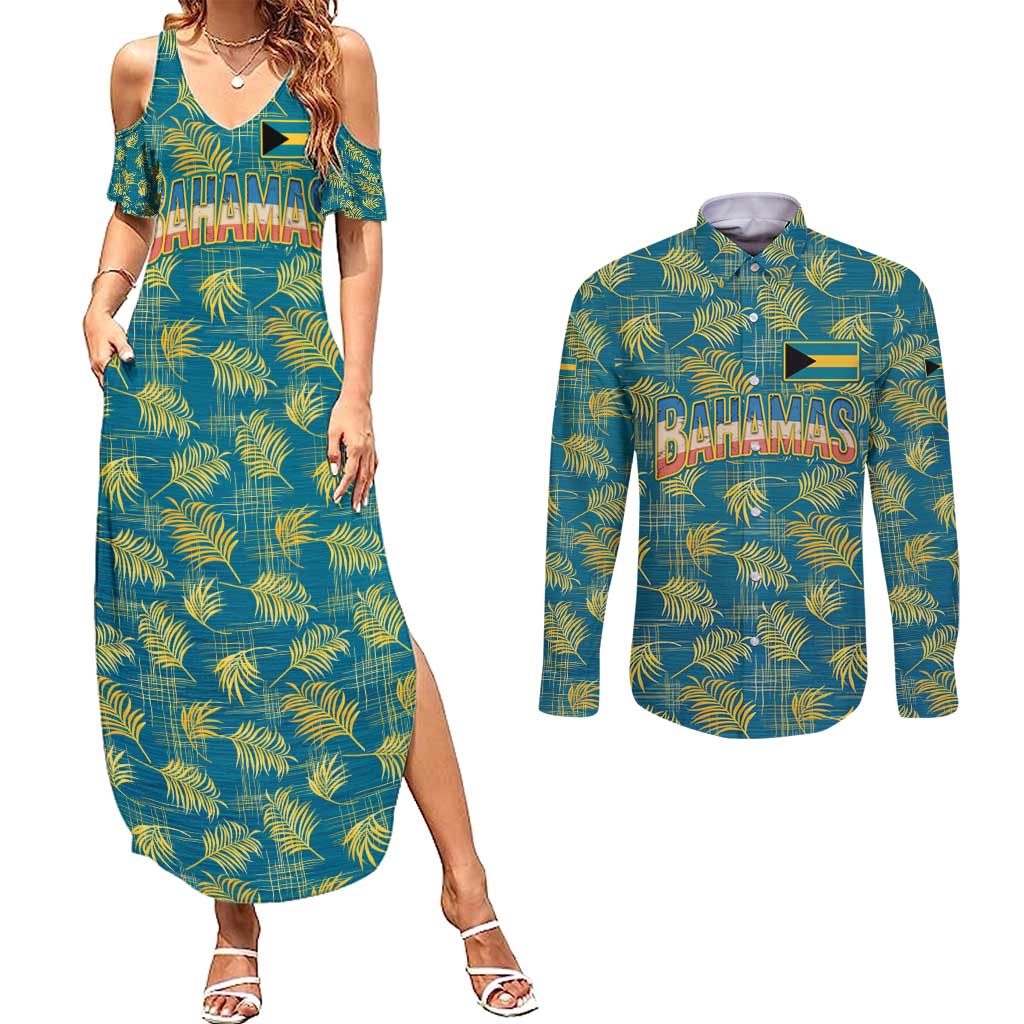 Bahamas Couples Matching Summer Maxi Dress and Long Sleeve Button Shirt with Tropical Beach Sunset Palm Tree Ocean Spirit