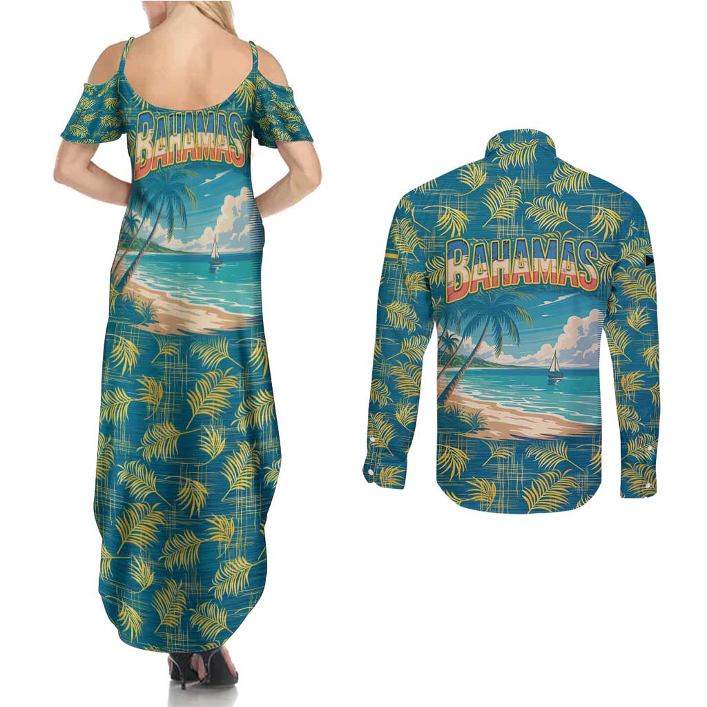Bahamas Couples Matching Summer Maxi Dress and Long Sleeve Button Shirt with Tropical Beach Sunset Palm Tree Ocean Spirit