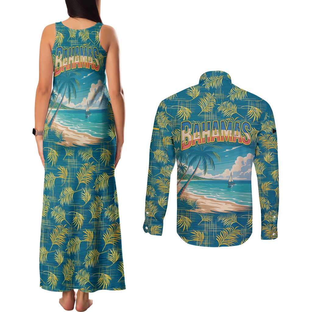 Bahamas Couples Matching Tank Maxi Dress and Long Sleeve Button Shirt with Tropical Beach Sunset Palm Tree Ocean Spirit