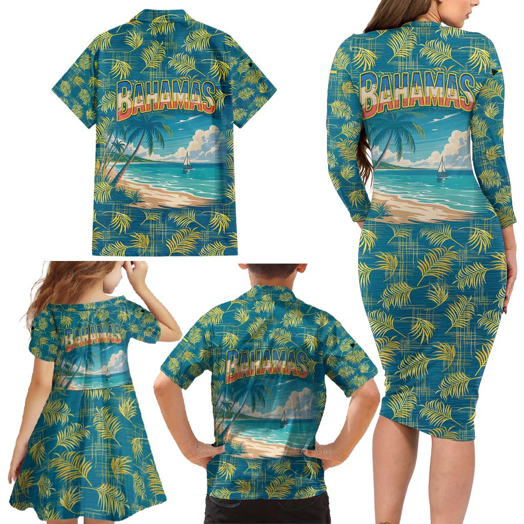 Bahamas Family Matching Long Sleeve Bodycon Dress and Hawaiian Shirt with Tropical Beach Sunset Palm Tree Ocean Spirit