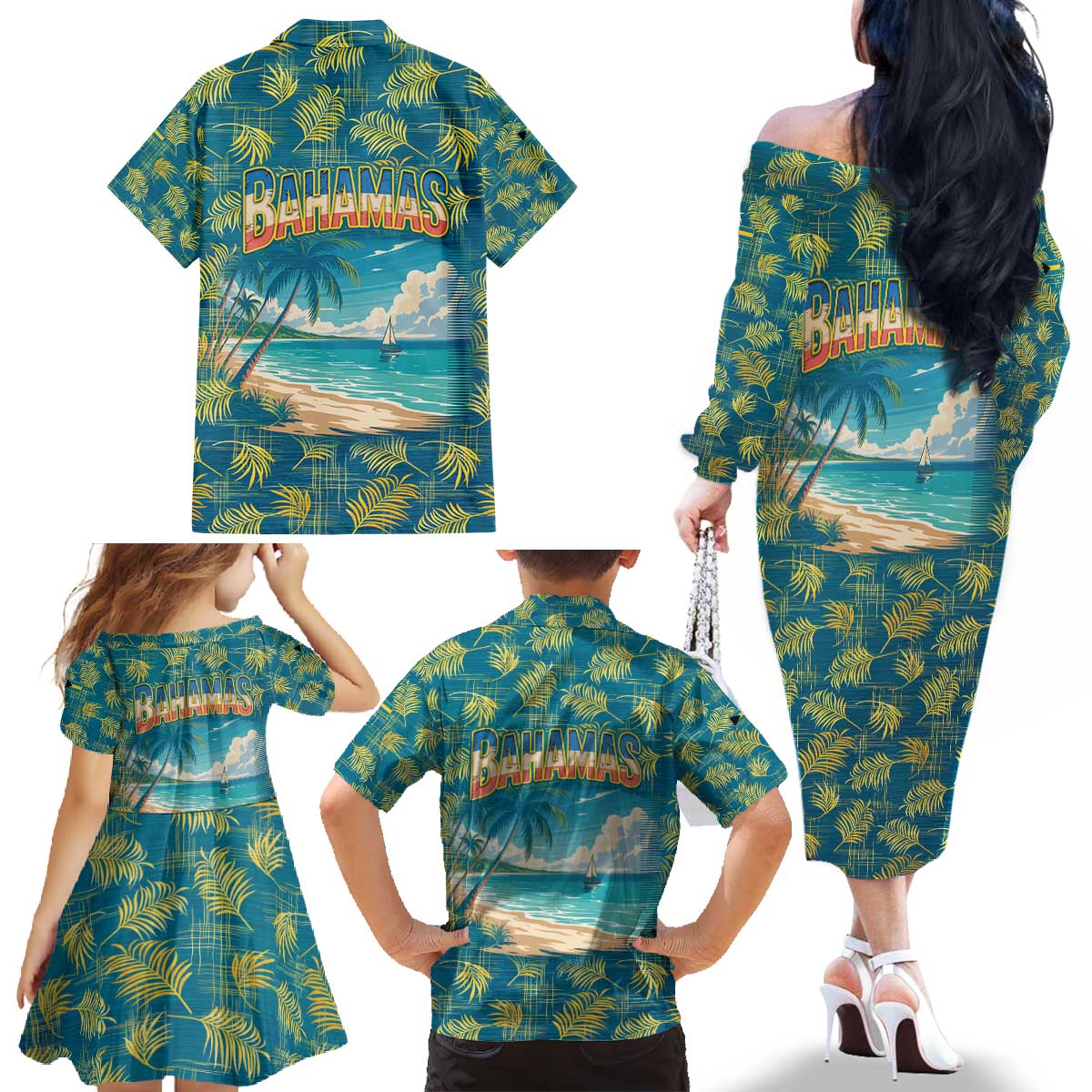 Bahamas Family Matching Off The Shoulder Long Sleeve Dress and Hawaiian Shirt with Tropical Beach Sunset Palm Tree Ocean Spirit