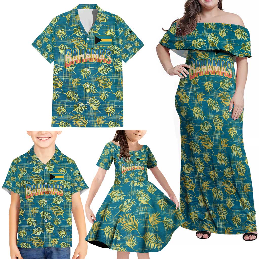 Bahamas Family Matching Off Shoulder Maxi Dress and Hawaiian Shirt with Tropical Beach Sunset Palm Tree Ocean Spirit