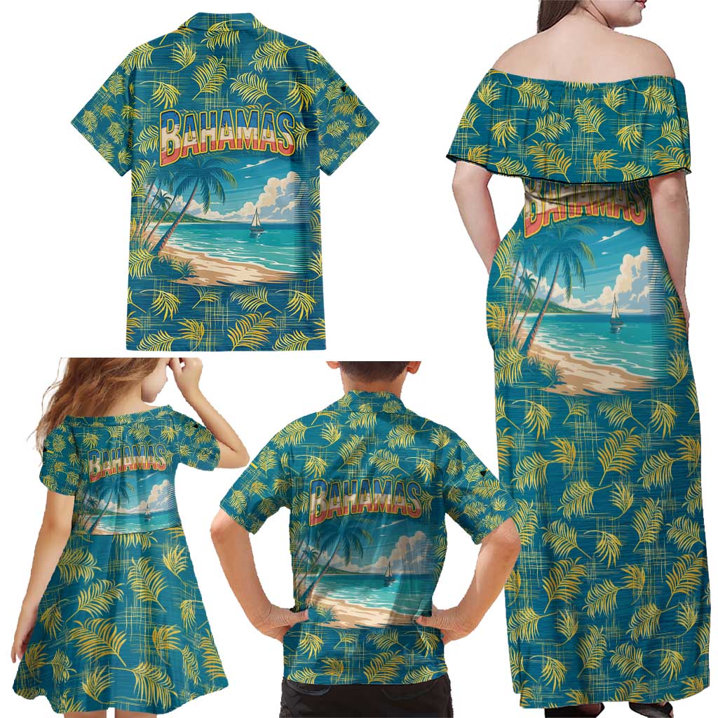Bahamas Family Matching Off Shoulder Maxi Dress and Hawaiian Shirt with Tropical Beach Sunset Palm Tree Ocean Spirit
