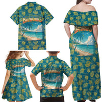 Bahamas Family Matching Off Shoulder Maxi Dress and Hawaiian Shirt with Tropical Beach Sunset Palm Tree Ocean Spirit