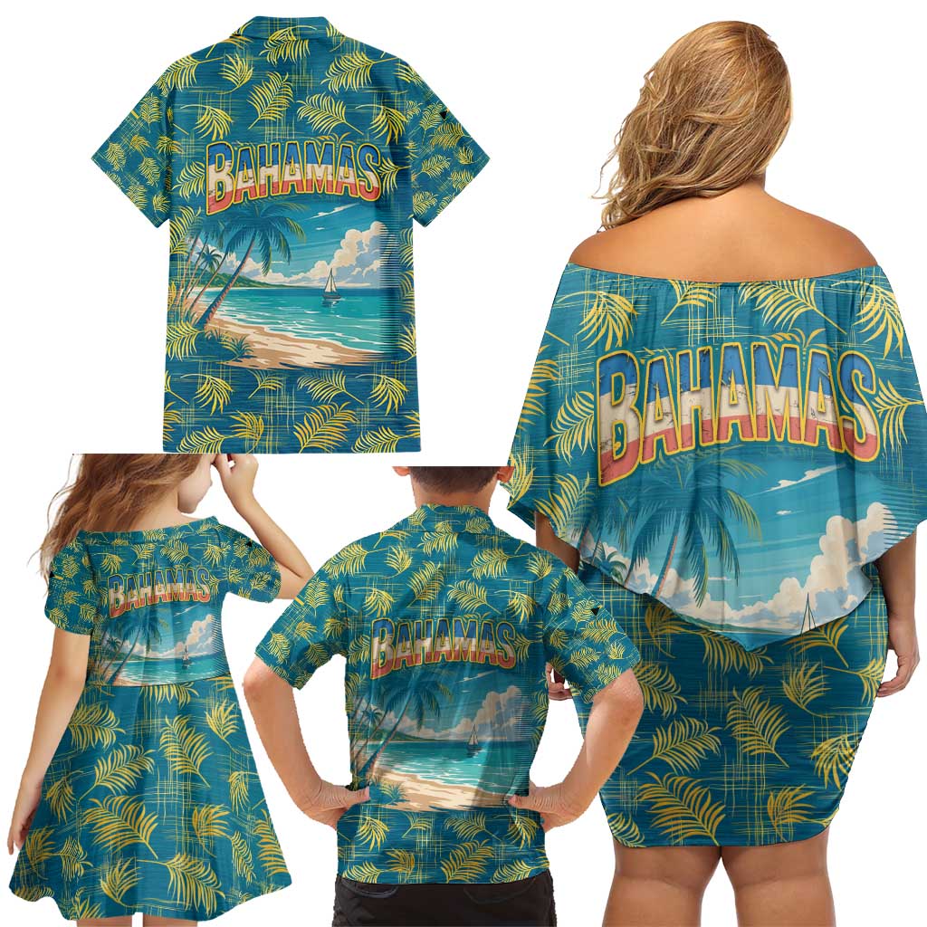 Bahamas Family Matching Off Shoulder Short Dress and Hawaiian Shirt with Tropical Beach Sunset Palm Tree Ocean Spirit