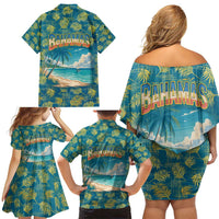 Bahamas Family Matching Off Shoulder Short Dress and Hawaiian Shirt with Tropical Beach Sunset Palm Tree Ocean Spirit