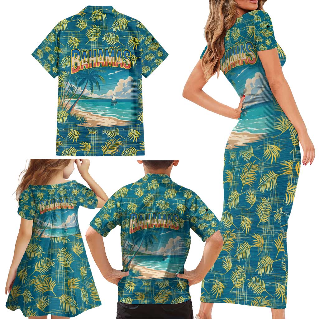 Bahamas Family Matching Short Sleeve Bodycon Dress and Hawaiian Shirt with Tropical Beach Sunset Palm Tree Ocean Spirit