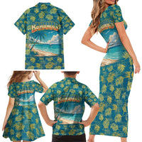 Bahamas Family Matching Short Sleeve Bodycon Dress and Hawaiian Shirt with Tropical Beach Sunset Palm Tree Ocean Spirit