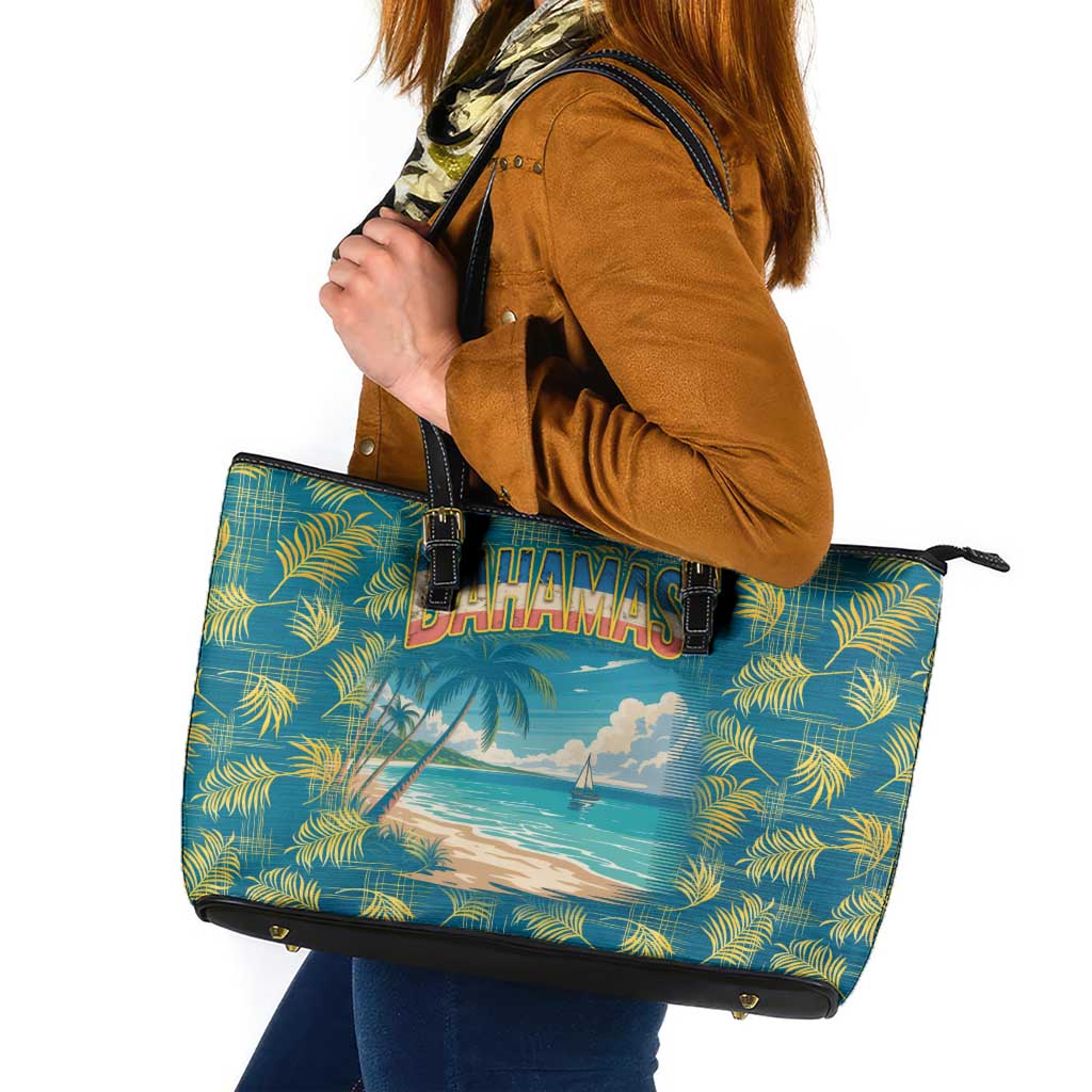 Bahamas Leather Tote Bag with Tropical Beach Sunset Palm Tree Ocean Spirit