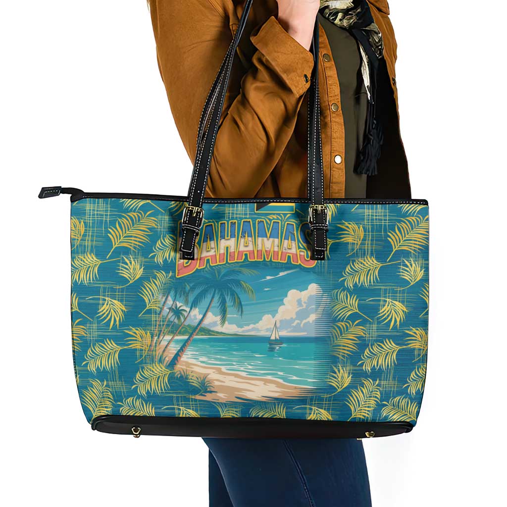 Bahamas Leather Tote Bag with Tropical Beach Sunset Palm Tree Ocean Spirit