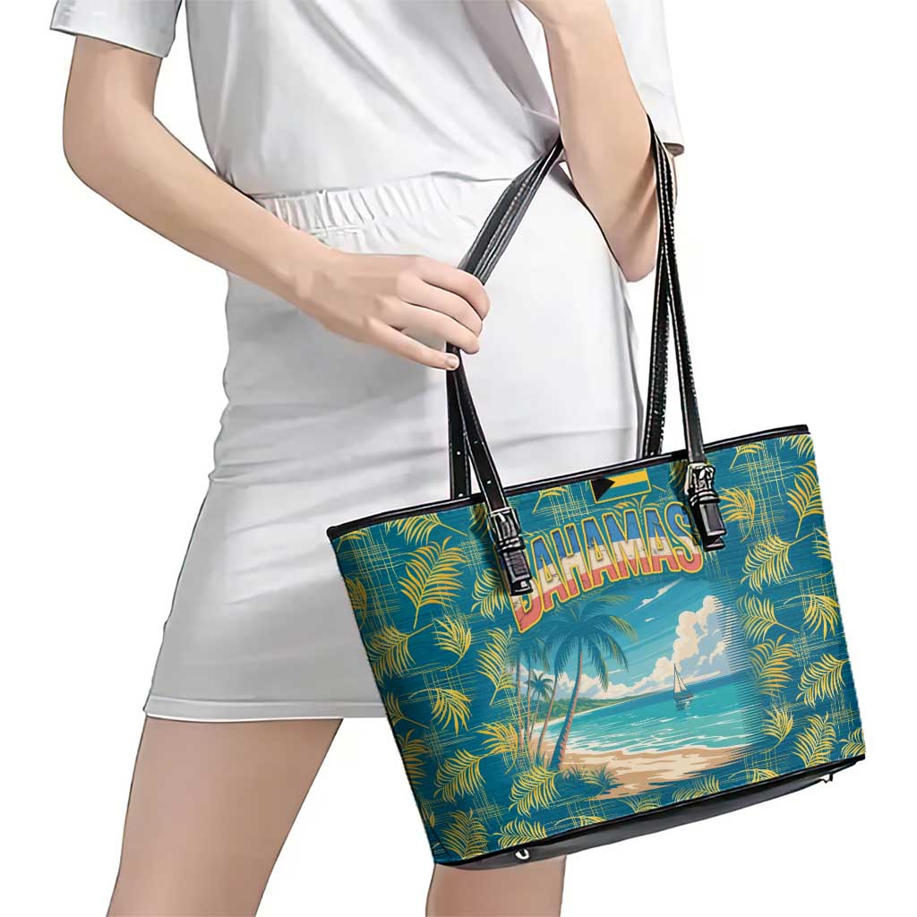 Bahamas Leather Tote Bag with Tropical Beach Sunset Palm Tree Ocean Spirit