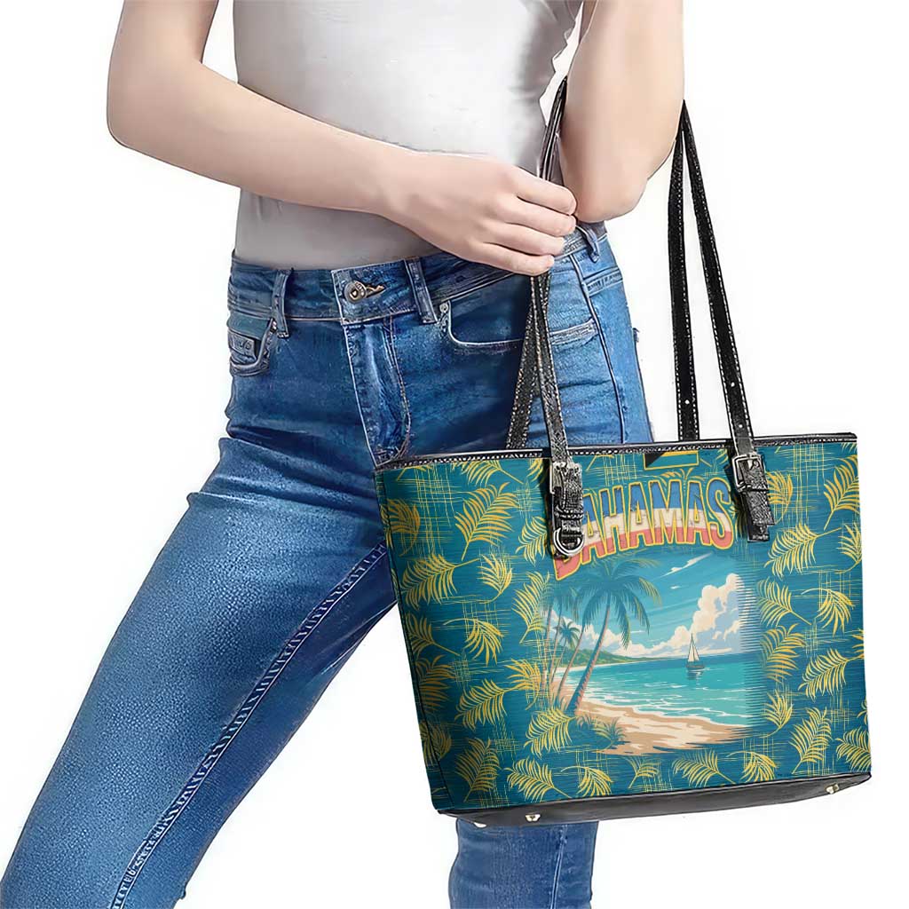 Bahamas Leather Tote Bag with Tropical Beach Sunset Palm Tree Ocean Spirit