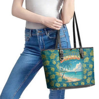 Bahamas Leather Tote Bag with Tropical Beach Sunset Palm Tree Ocean Spirit