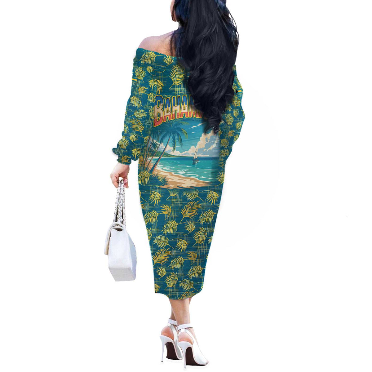 Bahamas Off The Shoulder Long Sleeve Dress with Tropical Beach Sunset Palm Tree Ocean Spirit