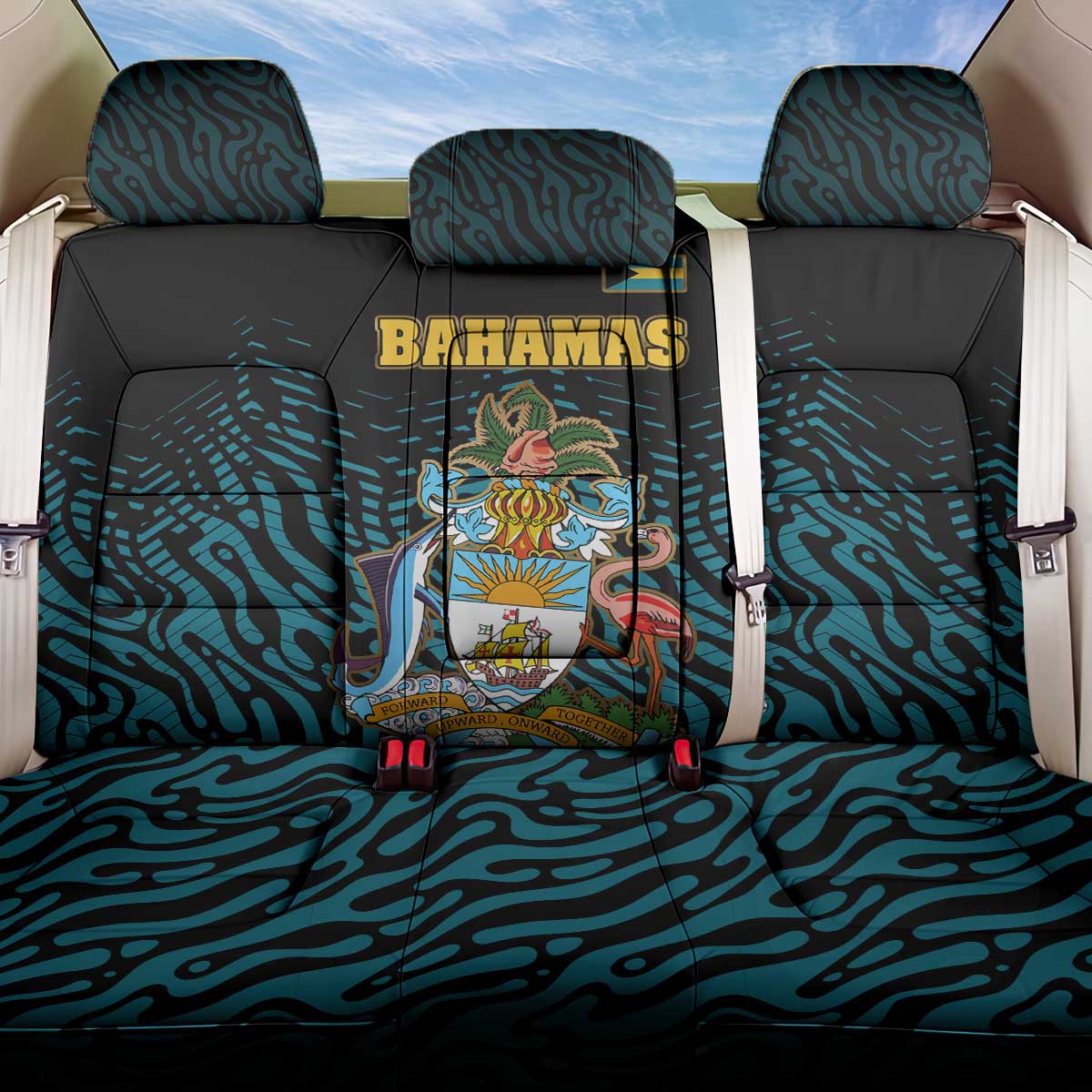 Bahamas Coat of Arms and Flag Back Car Seat Cover with Blue Coral Pattern and Marlin Crest - Wonder Print Shop
