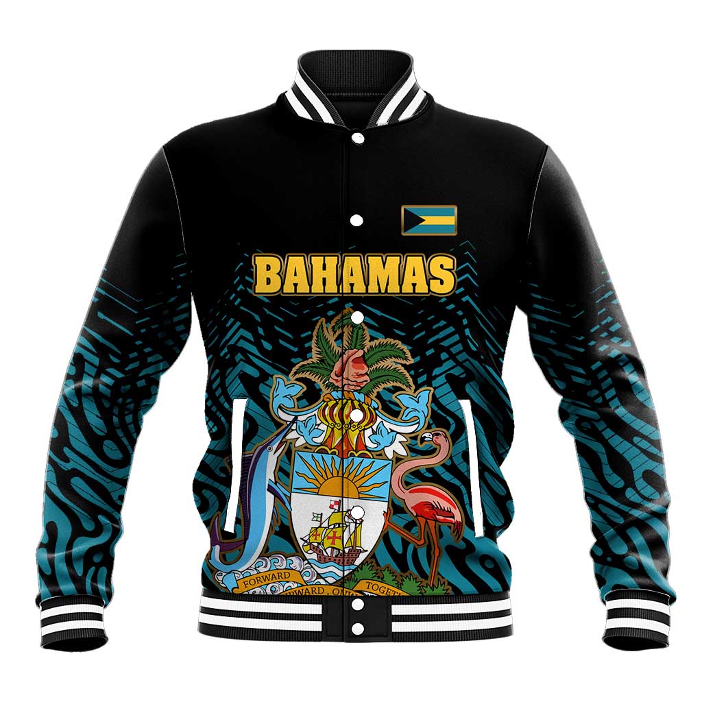 Bahamas Coat of Arms and Flag Baseball Jacket with Blue Coral Pattern and Marlin Crest - Wonder Print Shop