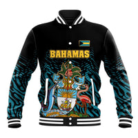 Bahamas Coat of Arms and Flag Baseball Jacket with Blue Coral Pattern and Marlin Crest - Wonder Print Shop