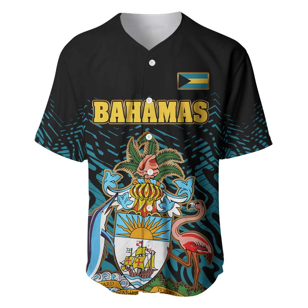 Bahamas Coat of Arms and Flag Baseball Jersey with Blue Coral Pattern and Marlin Crest - Wonder Print Shop