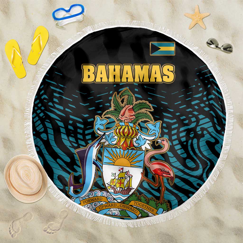 Bahamas Coat of Arms and Flag Beach Blanket with Blue Coral Pattern and Marlin Crest - Wonder Print Shop