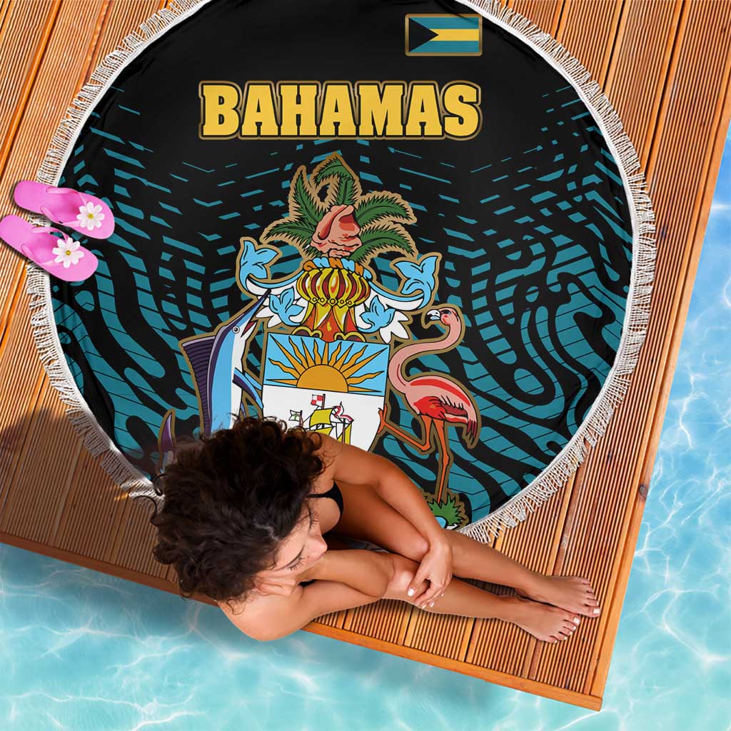 Bahamas Coat of Arms and Flag Beach Blanket with Blue Coral Pattern and Marlin Crest - Wonder Print Shop