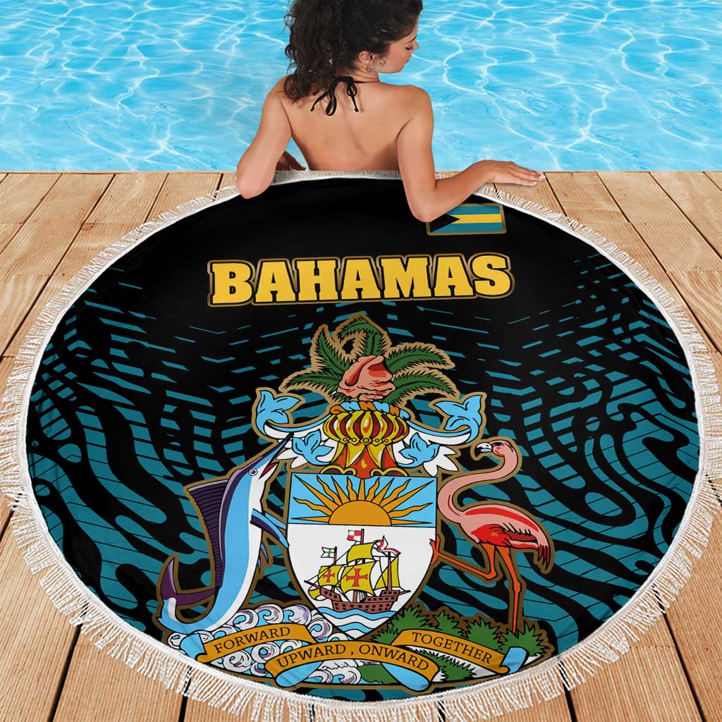 Bahamas Coat of Arms and Flag Beach Blanket with Blue Coral Pattern and Marlin Crest - Wonder Print Shop