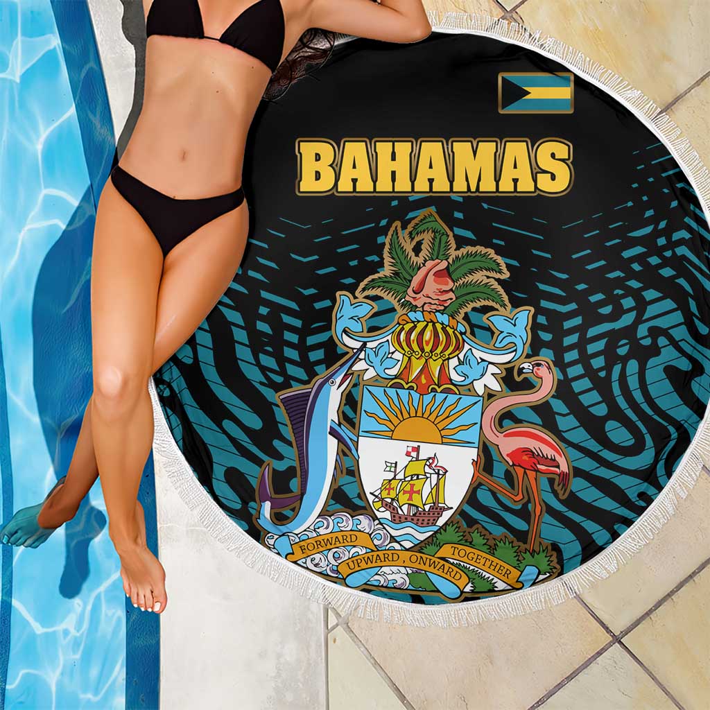 Bahamas Coat of Arms and Flag Beach Blanket with Blue Coral Pattern and Marlin Crest - Wonder Print Shop