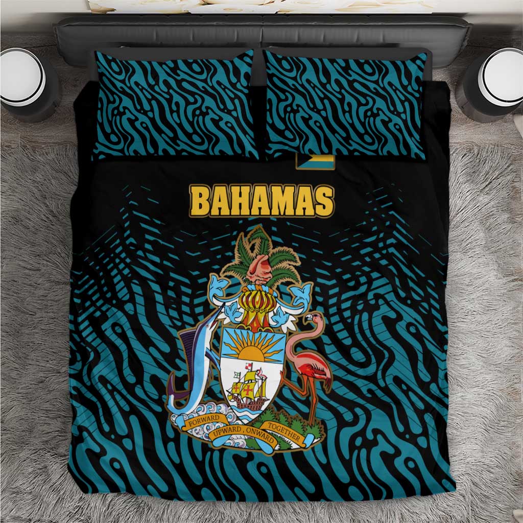 Bahamas Coat of Arms and Flag Bedding Set with Blue Coral Pattern and Marlin Crest - Wonder Print Shop
