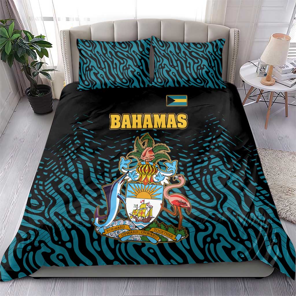 Bahamas Coat of Arms and Flag Bedding Set with Blue Coral Pattern and Marlin Crest - Wonder Print Shop