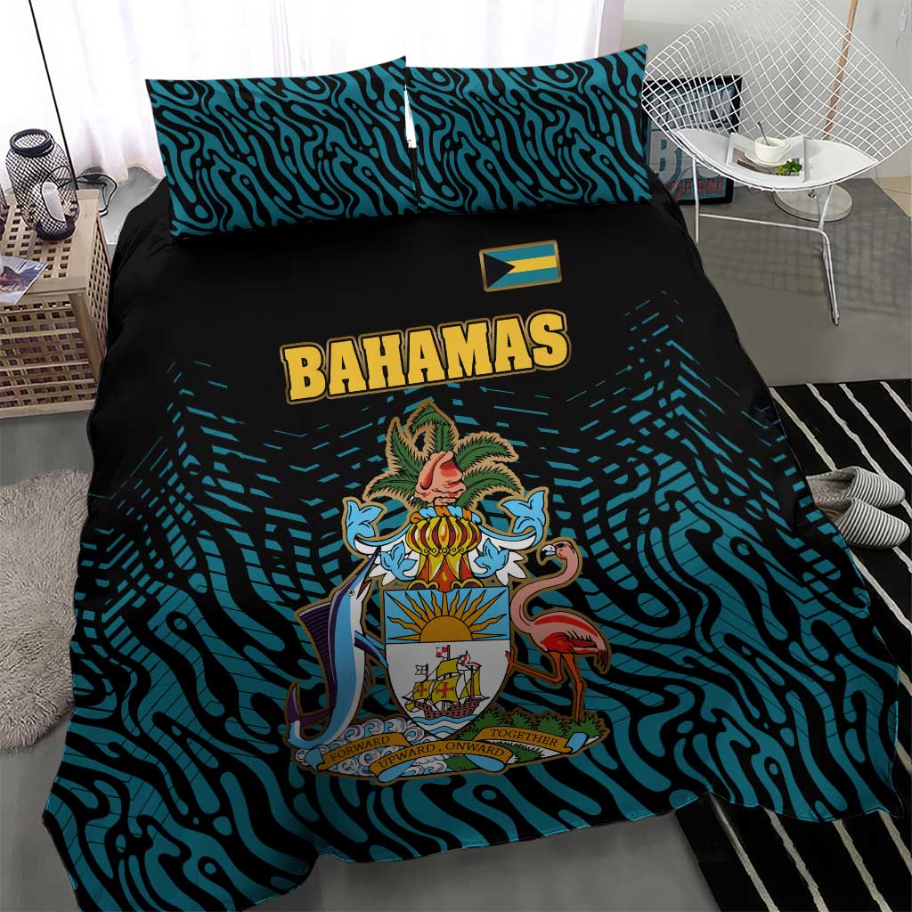 Bahamas Coat of Arms and Flag Bedding Set with Blue Coral Pattern and Marlin Crest - Wonder Print Shop