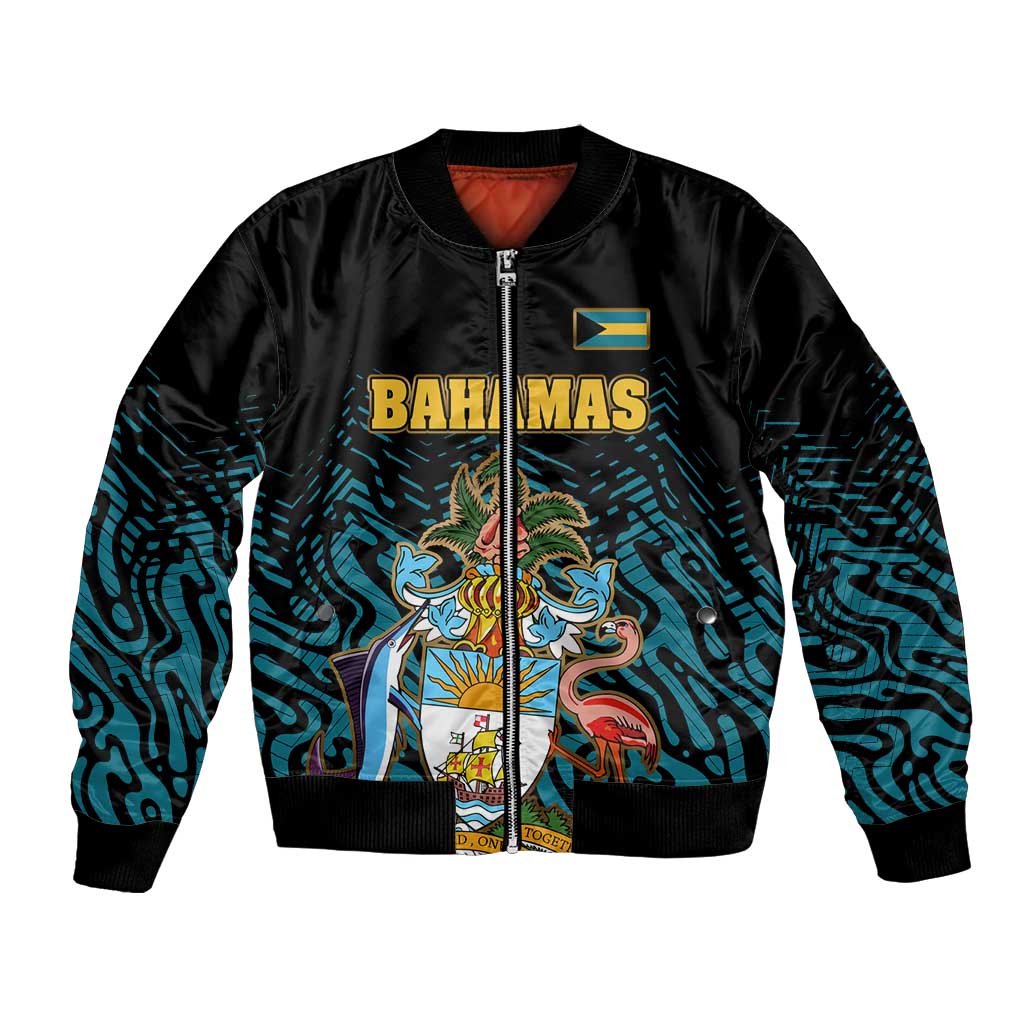 Bahamas Coat of Arms and Flag Bomber Jacket with Blue Coral Pattern and Marlin Crest - Wonder Print Shop