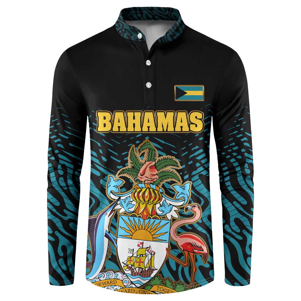 Bahamas Coat of Arms and Flag Button Sweatshirt with Blue Coral Pattern and Marlin Crest - Wonder Print Shop