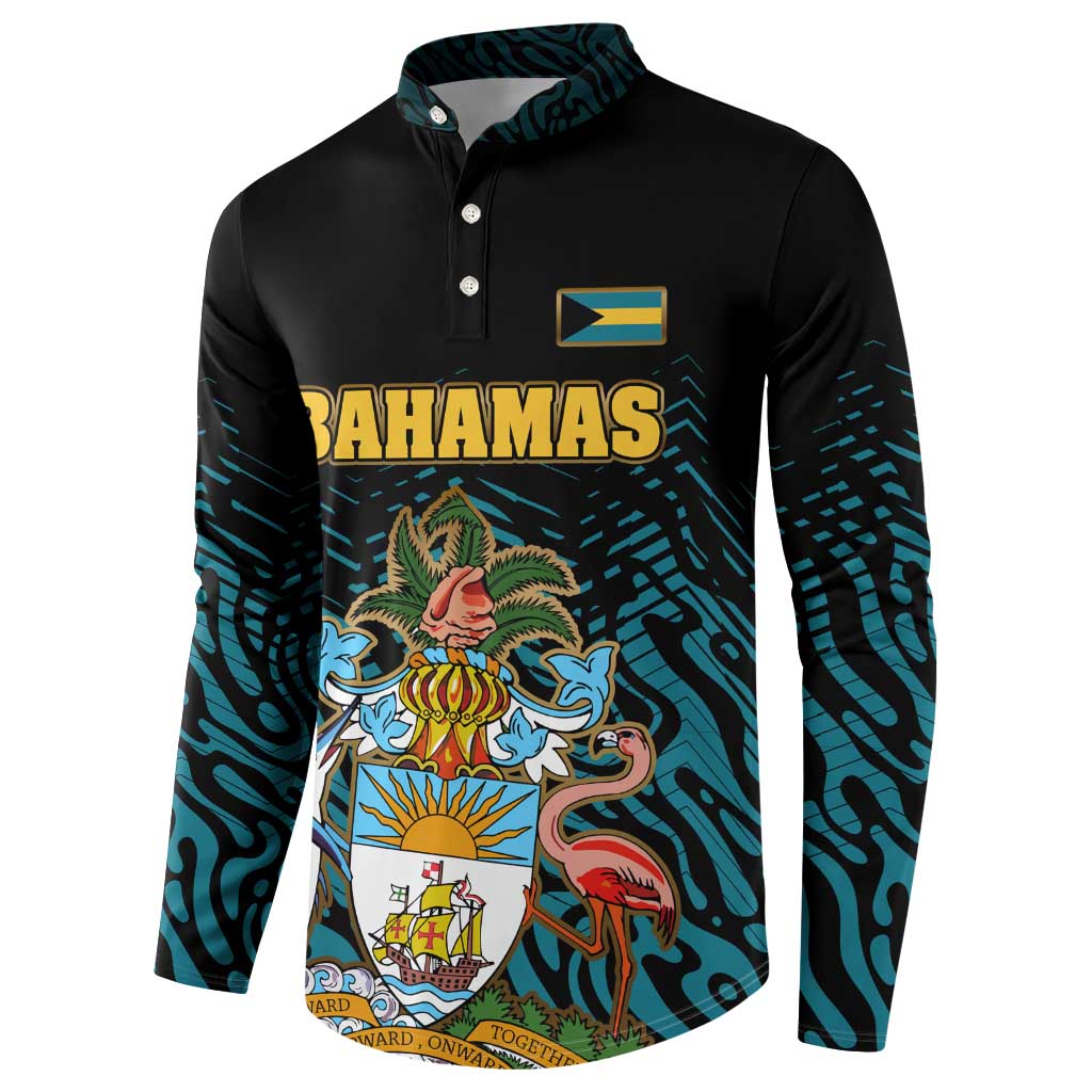 Bahamas Coat of Arms and Flag Button Sweatshirt with Blue Coral Pattern and Marlin Crest - Wonder Print Shop