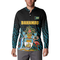 Bahamas Coat of Arms and Flag Button Sweatshirt with Blue Coral Pattern and Marlin Crest - Wonder Print Shop