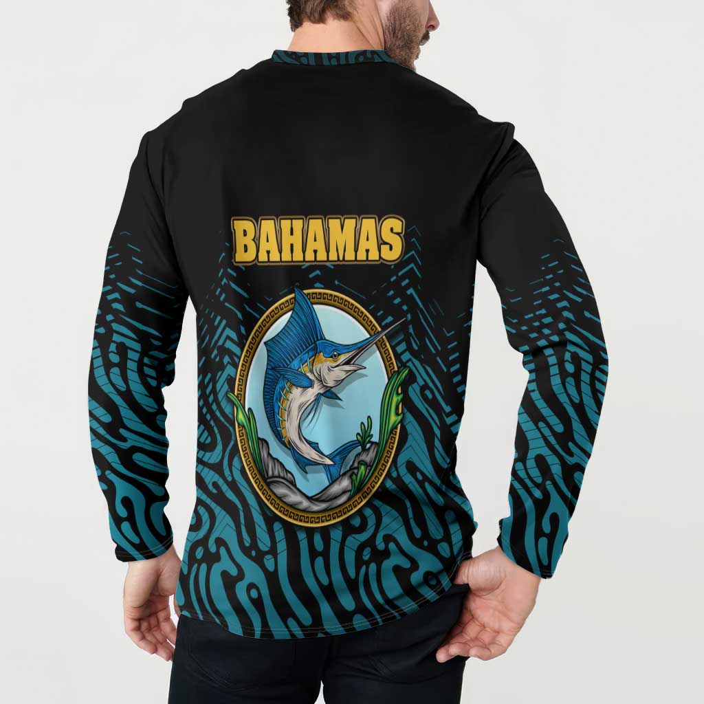 Bahamas Coat of Arms and Flag Button Sweatshirt with Blue Coral Pattern and Marlin Crest - Wonder Print Shop