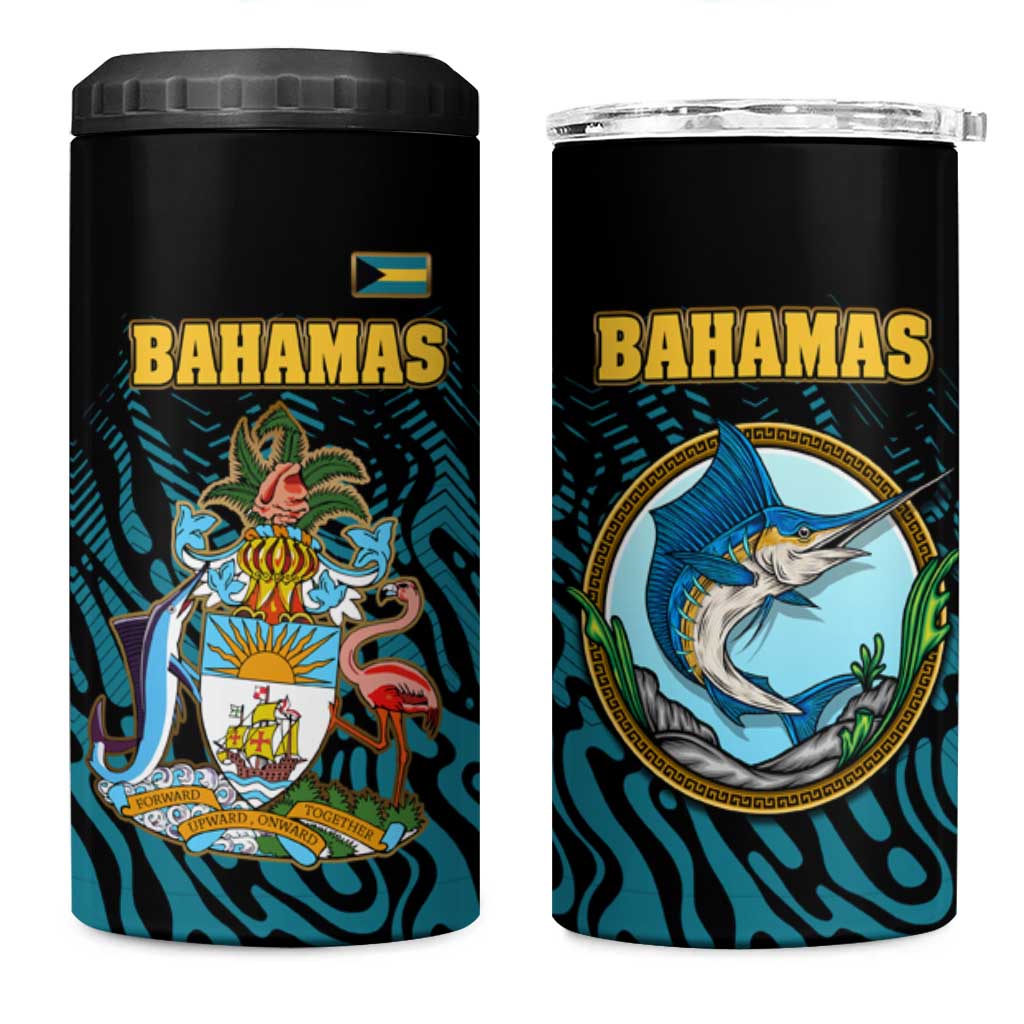 Bahamas Coat of Arms and Flag 4 in 1 Can Cooler Tumbler with Blue Coral Pattern and Marlin Crest - Wonder Print Shop