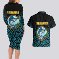 Bahamas Coat of Arms and Flag Couples Matching Long Sleeve Bodycon Dress and Hawaiian Shirt with Blue Coral Pattern and Marlin Crest - Wonder Print Shop