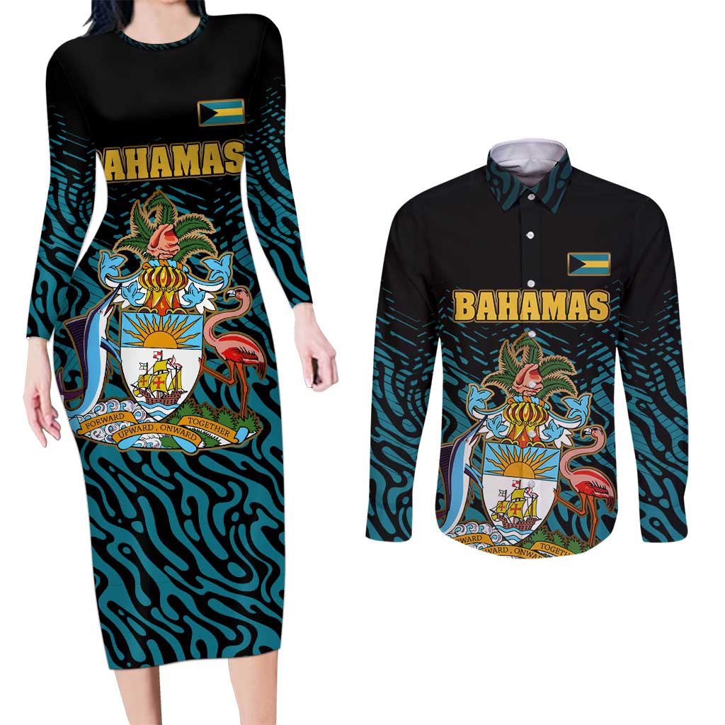 Bahamas Coat of Arms and Flag Couples Matching Long Sleeve Bodycon Dress and Long Sleeve Button Shirt with Blue Coral Pattern and Marlin Crest - Wonder Print Shop