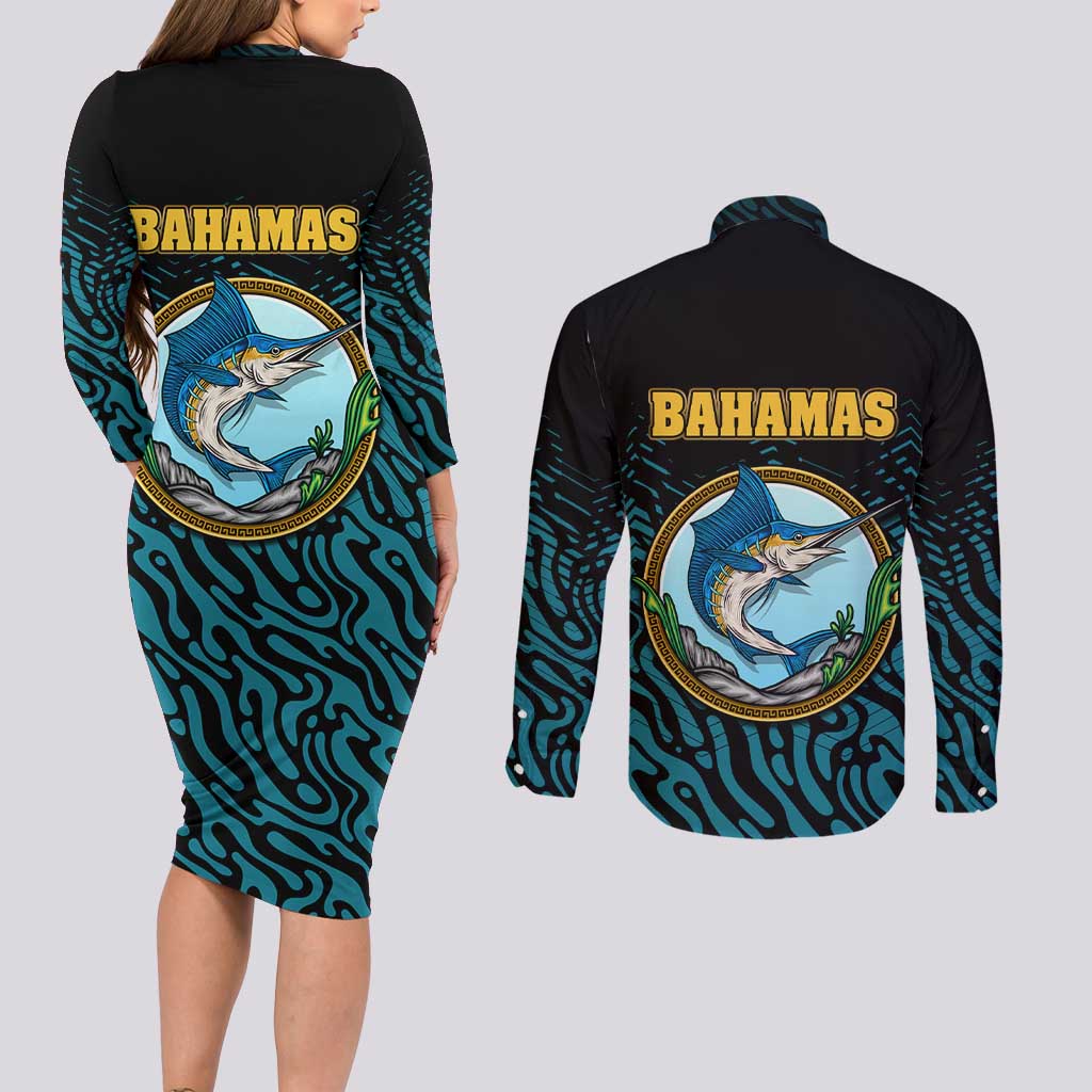 Bahamas Coat of Arms and Flag Couples Matching Long Sleeve Bodycon Dress and Long Sleeve Button Shirt with Blue Coral Pattern and Marlin Crest - Wonder Print Shop