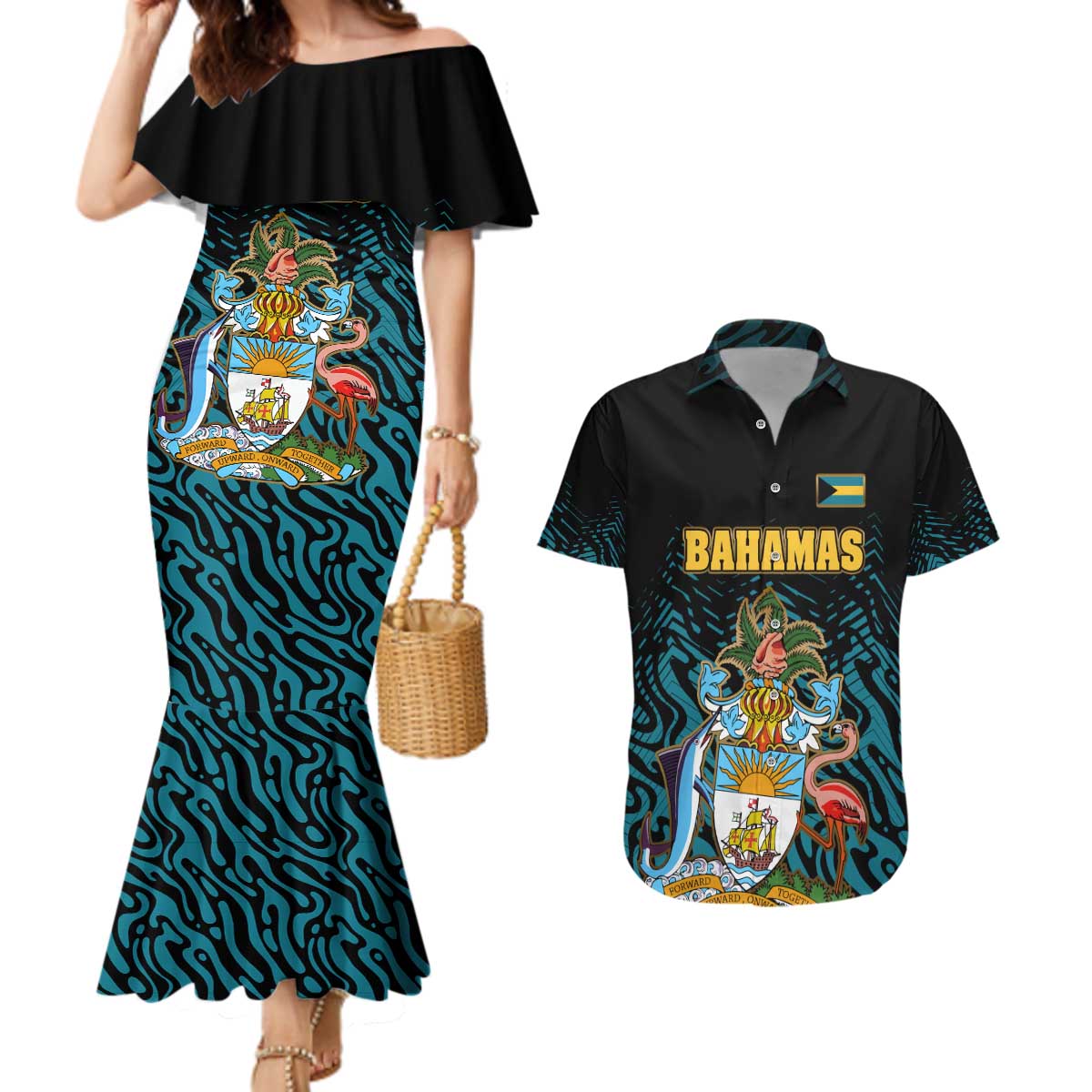 Bahamas Coat of Arms and Flag Couples Matching Mermaid Dress and Hawaiian Shirt with Blue Coral Pattern and Marlin Crest - Wonder Print Shop