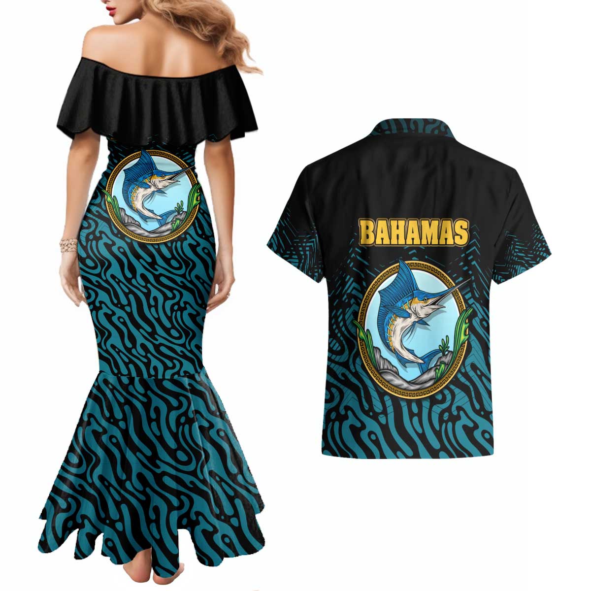Bahamas Coat of Arms and Flag Couples Matching Mermaid Dress and Hawaiian Shirt with Blue Coral Pattern and Marlin Crest - Wonder Print Shop