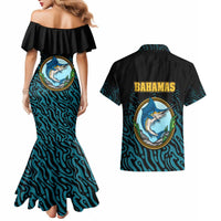 Bahamas Coat of Arms and Flag Couples Matching Mermaid Dress and Hawaiian Shirt with Blue Coral Pattern and Marlin Crest - Wonder Print Shop