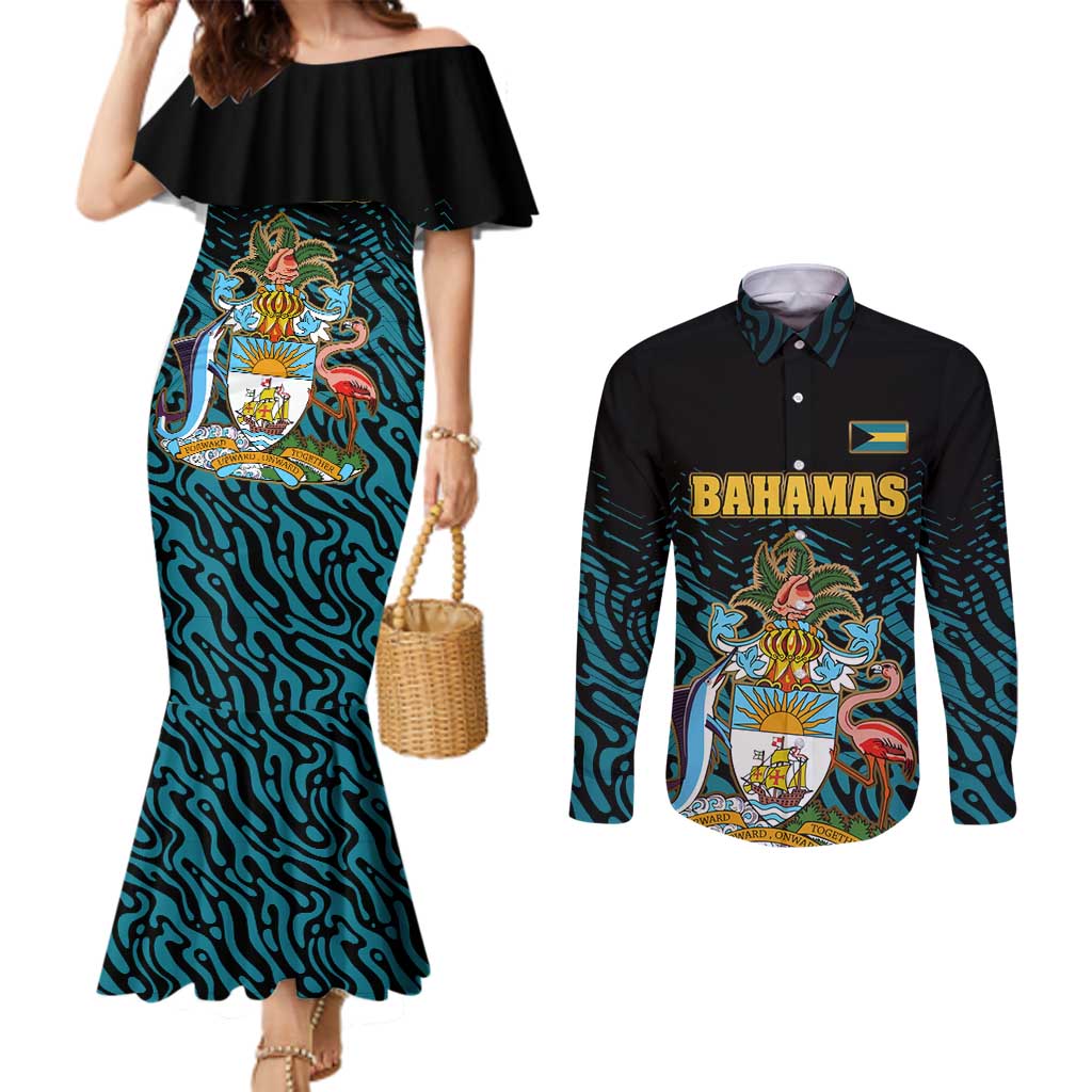 Bahamas Coat of Arms and Flag Couples Matching Mermaid Dress and Long Sleeve Button Shirt with Blue Coral Pattern and Marlin Crest - Wonder Print Shop