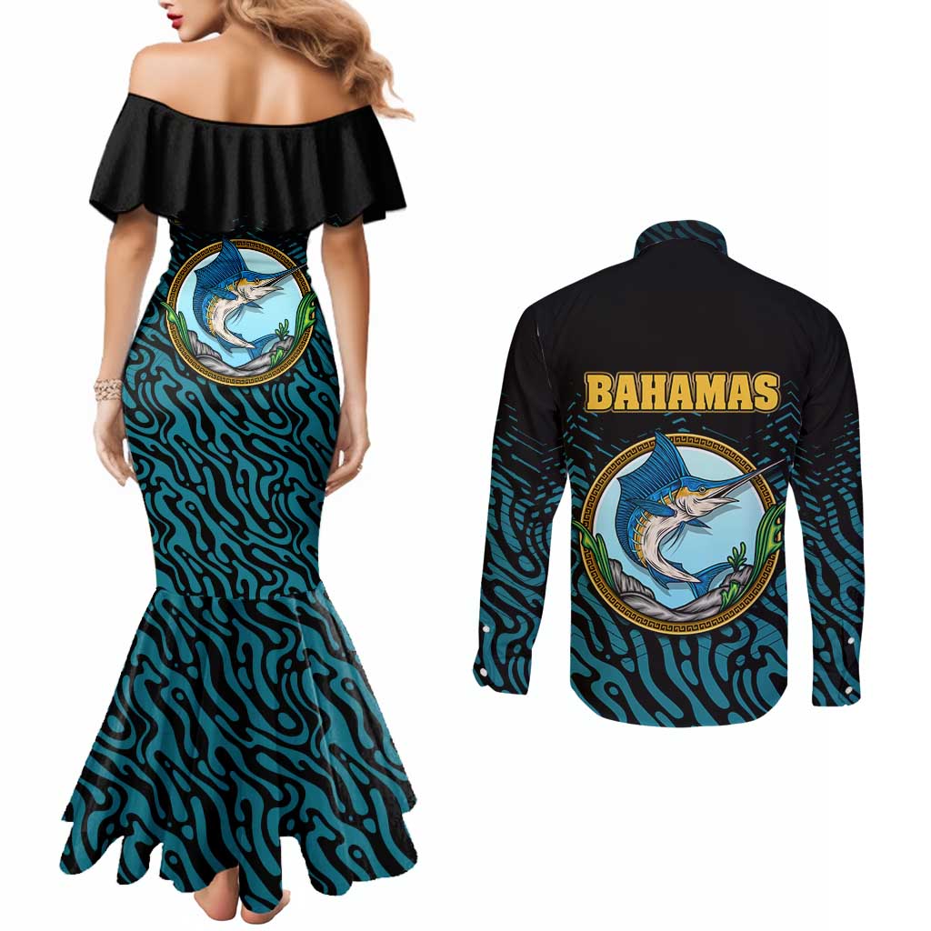 Bahamas Coat of Arms and Flag Couples Matching Mermaid Dress and Long Sleeve Button Shirt with Blue Coral Pattern and Marlin Crest - Wonder Print Shop