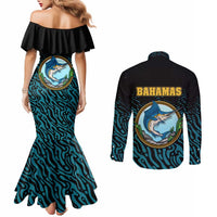 Bahamas Coat of Arms and Flag Couples Matching Mermaid Dress and Long Sleeve Button Shirt with Blue Coral Pattern and Marlin Crest - Wonder Print Shop
