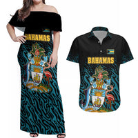 Bahamas Coat of Arms and Flag Couples Matching Off Shoulder Maxi Dress and Hawaiian Shirt with Blue Coral Pattern and Marlin Crest - Wonder Print Shop