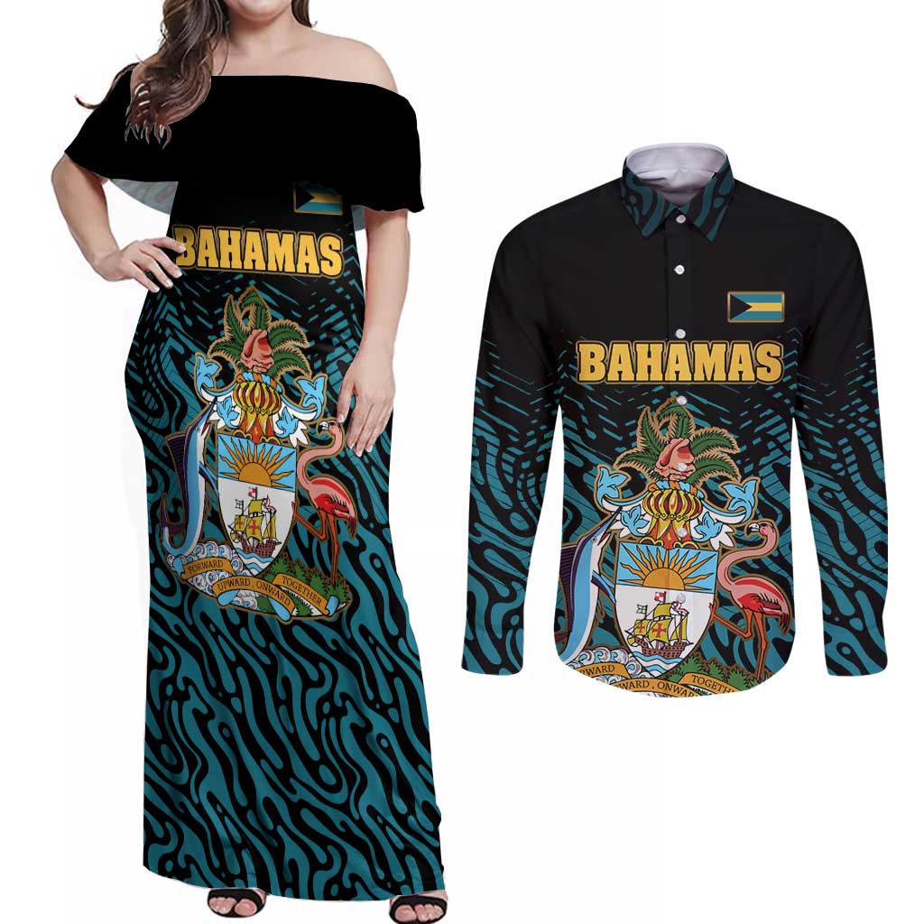 Bahamas Coat of Arms and Flag Couples Matching Off Shoulder Maxi Dress and Long Sleeve Button Shirt with Blue Coral Pattern and Marlin Crest - Wonder Print Shop