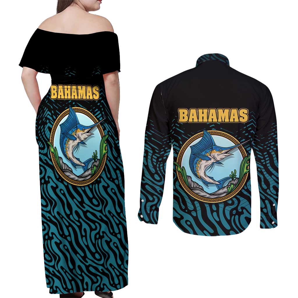 Bahamas Coat of Arms and Flag Couples Matching Off Shoulder Maxi Dress and Long Sleeve Button Shirt with Blue Coral Pattern and Marlin Crest - Wonder Print Shop